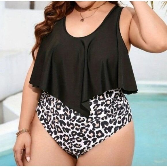 Women's Plus Ruffle Hem Leopard Print One Piece Bathing Suit sz 2X - Picture 4 of 5